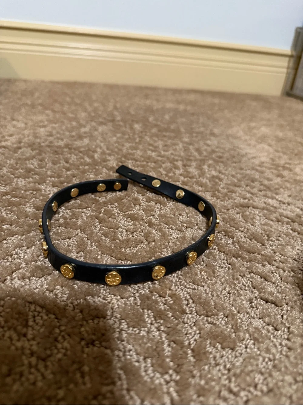 Tory Burch Black Double-Wrap Leather Bracelet with Gold Logo Studs